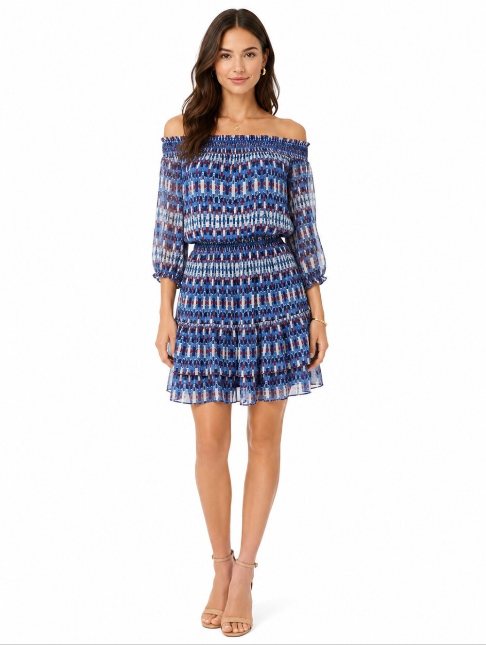 Shoshanna‎ 100% Silk Blue Red Print Smocked Off Shoulder Tiered Dress Sz 4